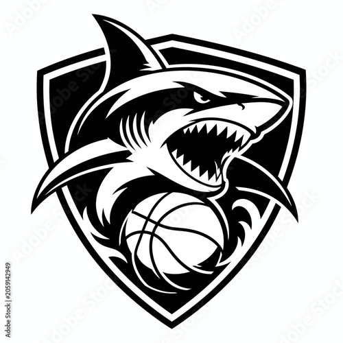 A fierce shark biting a basketball within a shield emblem. The shark's mouth is open, revealing sharp teeth, and its fins are stylized to create a dynamic and aggressive look.