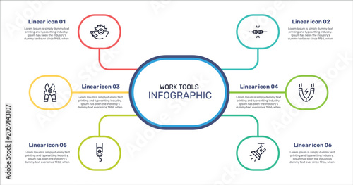 Foto work tools outline icon set featuring saw half cogwheel, plug for electric connection, inclined magnet, pulley hook icons