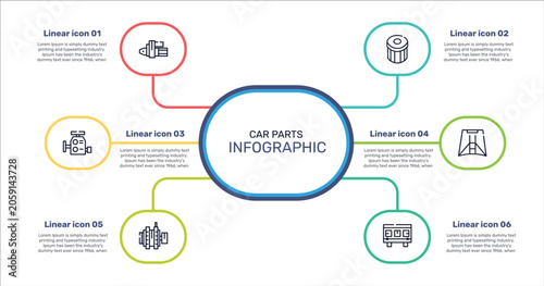 car parts outline icon set featuring car starter, car oil filter, hood, alternator icons.