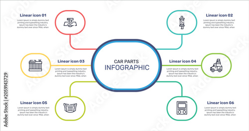 Cuadro en lienzo car parts outline icon set featuring car rear-view mirror, car silencer, luggage rack, bonnet icons