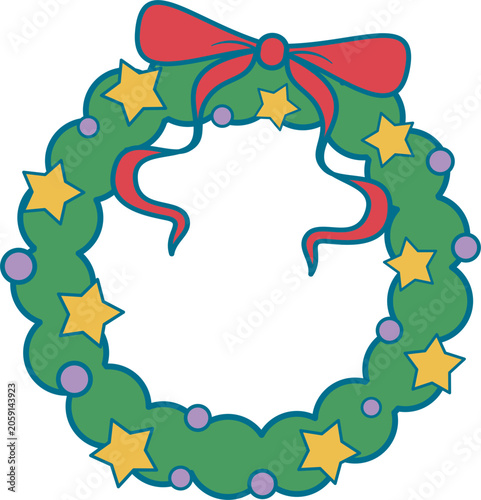 Christmas wreath with stars and bow. Season greetings festive ornament.