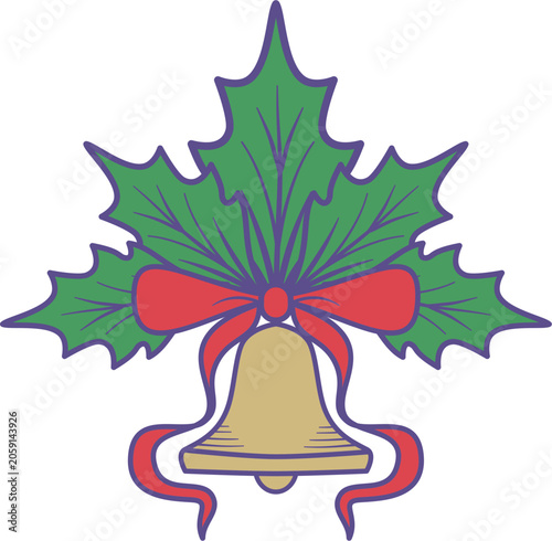 Christmas bell with holly and red ribbon. Season greetings festive ornament.
