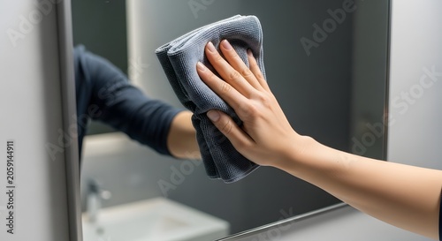 Hand cleaning a bathroom mirror with a microfiber cloth, ensuring a spotless and streak-free surface.