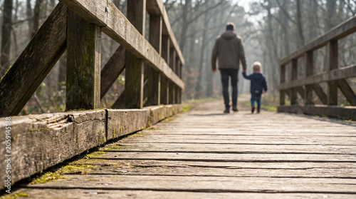 Father and child walking hand in hand on wooden bridge in forest - Concept of father's day  