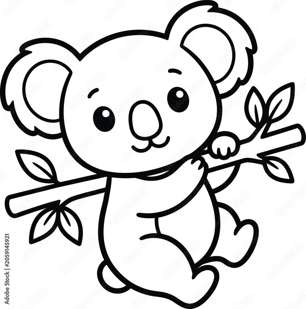 Ταπετσαρία Cute koala bear sitting on a eucalyptus tree branch with leaves and flowers, det