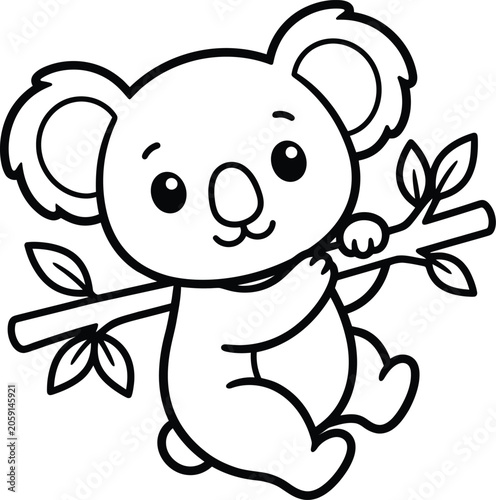 Photography Cute koala bear sitting on a eucalyptus tree branch with leaves and flowers, det