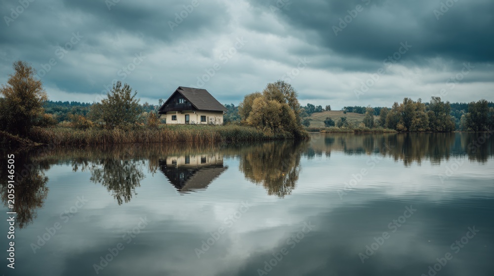 Fototapeta premium House by the lake surrounded by trees and cloudy sky in the afternoon