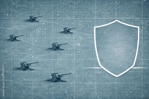 Art showing military defense with cannons on a map background
