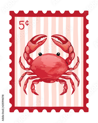 
A watercolor illustration of a red crab on a postage stamp with a scalloped red border and a background of vertical pink and white stripes
