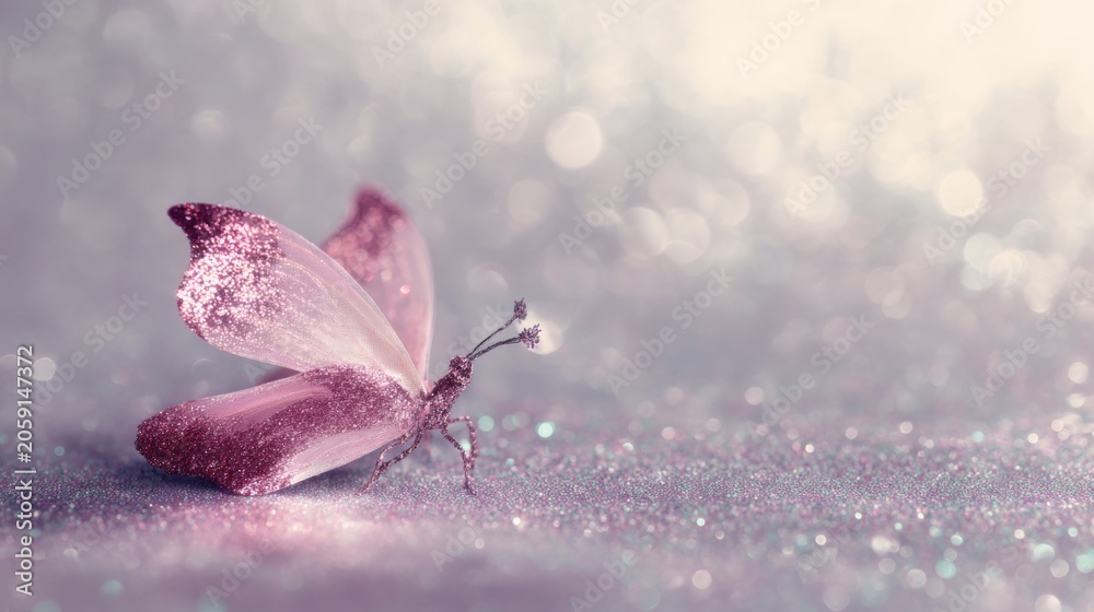 Fototapeta premium Pink butterfly resting on sparkling surface during bright light