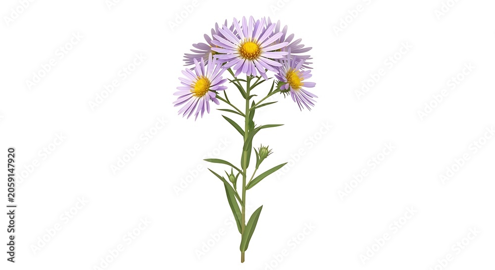 Fototapeta premium Vibrant purple aster flowers with yellow centers on green stem