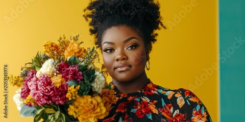 Plus size Black woman holding oversized dopamine bouquet indoors, looking confident  