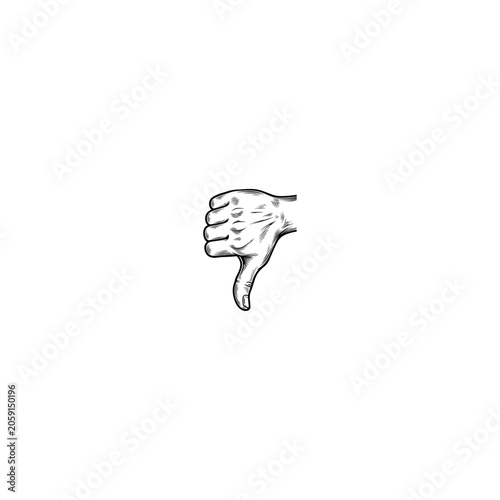Vintage woodcut thumbs down gesture, hand drawn engraving of dislike sign, retro black and white negative feedback symbol vector
