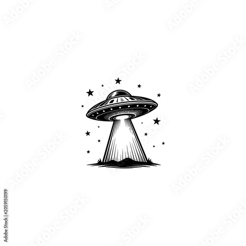 Vintage UFO flying saucer vector illustration, retro alien spaceship with light beam, black and white sci-fi spacecraft icon for t-shirt design