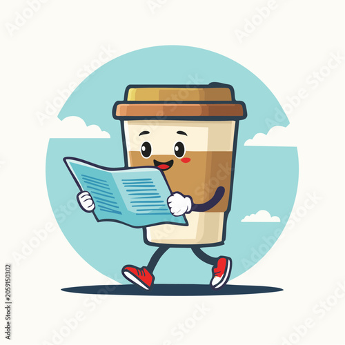 Cartoon Coffee Cup Character Reading Newspaper While Walking