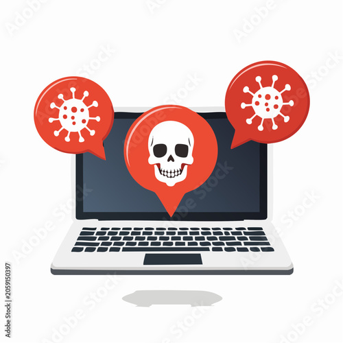 Laptop with virus warning and skull icon