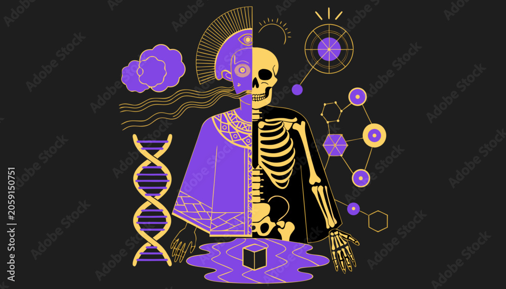 Naklejka premium Shaman skeleton DNA anatomy purple gold vector
