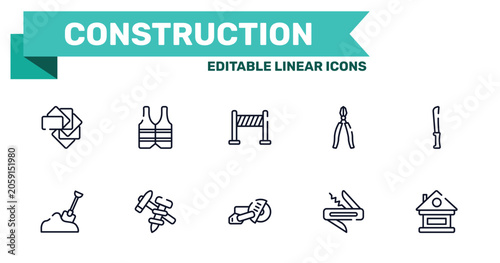 Photos construction outline icon set featuring color pack, reflective vest, big saw, jackknife icons