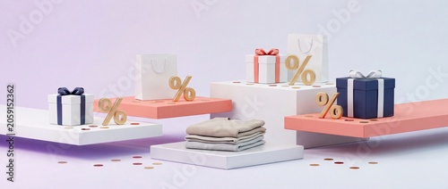 Minimalist 3d shopping sale composition with gift boxes and clothing on geometric platforms featuring floating gold percentage symbols for e commerce marketing