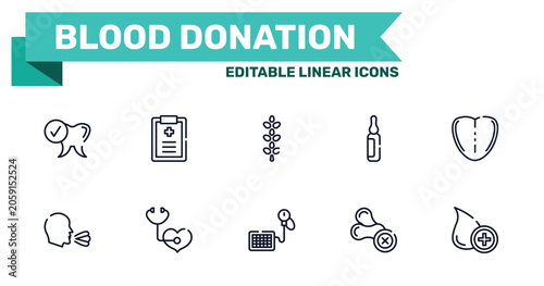 Tableau sur toile blood donation outline icon set featuring healthy tooth, medical prescription, tensiometer, allergenic icons