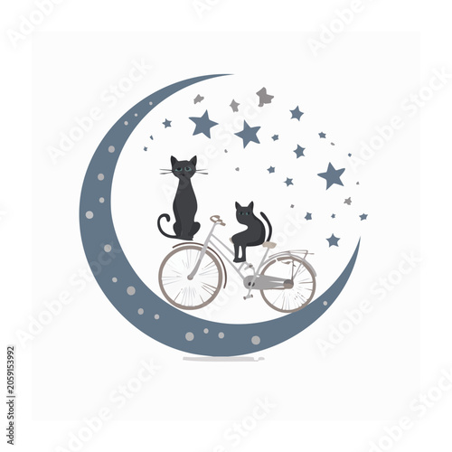 Black Cats Riding a Bicycle on a Crescent Moon