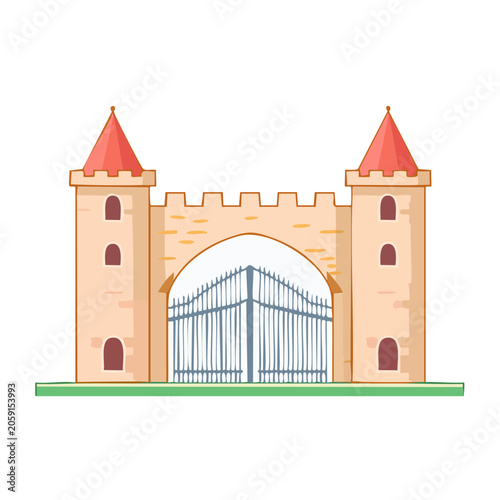 Cartoon illustration of a medieval castle gate with towers