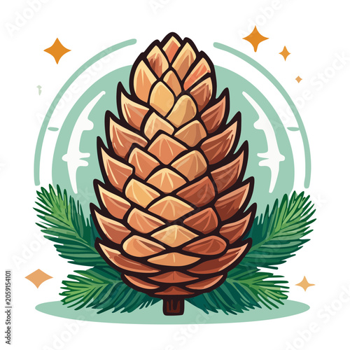 Flat Design Pine Cone with Pine Needles Illustration