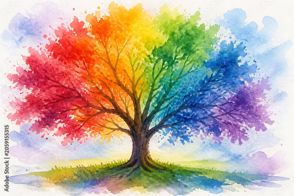Naklejka premium Rainbow colored tree watercolor painting on white background