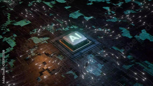 AI Computer Chip Glowing with Data Streams Pulsing on Circuit Board Technology Concept 4K
