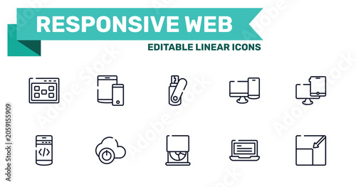 Fotografie responsive web outline icon set featuring ux de, tablet and phone, cd drive, laptop with text icons