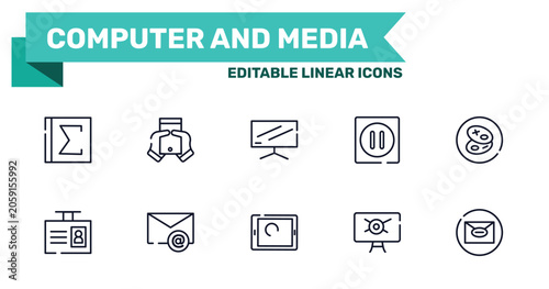Tableau sur toile computer and media outline icon set featuring spreadsheet with sum, null, touch screen, computer virus icons