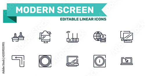 Photography modern screen outline icon set featuring computer workers group, data transference by internet, laptop opened tool, information on internet icons