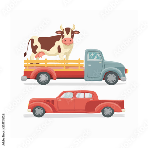 Cartoon Cow on Vintage Pickup Truck Illustration