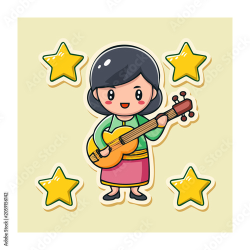 Cartoon girl playing guitar with stars