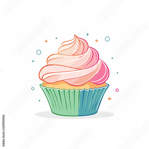 Colorful cupcake with swirled frosting illustration