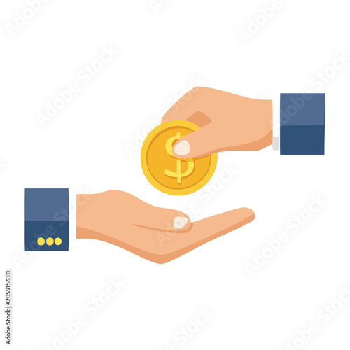 Flat illustration of hands exchanging a gold coin