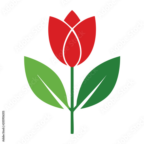 Flat design red tulip flower icon with green leaves