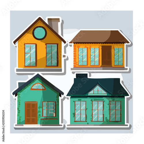 Four cartoon houses in flat design style