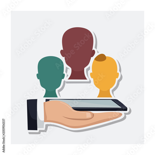 Hand holding smartphone with user profile silhouettes