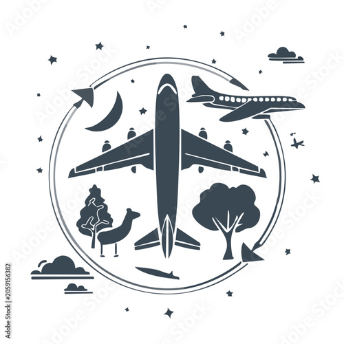 Minimalist airplane illustration with travel elements