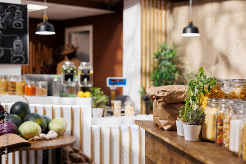 Cuadro en lienzo Products sold in bulk in empty zero waste shop to minimize plastic usage, reducing pollution for a sustainable lifestyle, organic vegan pantry staples ready to be bought by consciously living clients