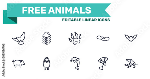 Photography free animals outline icon set featuring flying dove, swimming jellyfish, jumping dolphin, chewing bone for dog icons