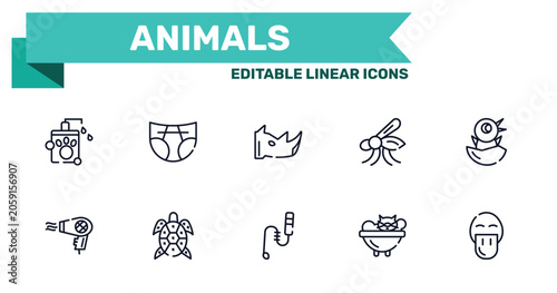 Photography animals outline icon set featuring pet shampoo, diapers, teasing stick, cat bath icons