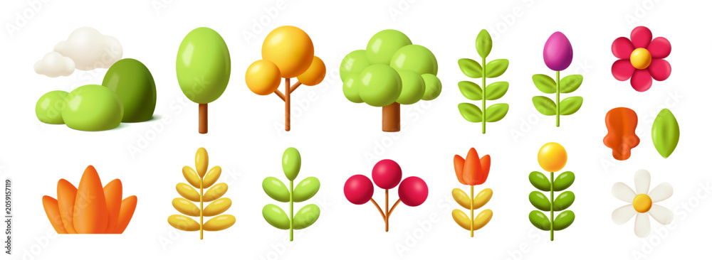 Fototapeta premium Set of plant icons. 3D render designs in plasticine style. Trees, branches, leaves, blooming flowers and petals. Botanical symbols. Human made vector illustration collection isolated on background