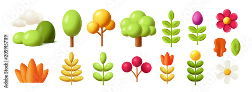 Set of plant icons. 3D render designs in plasticine style. Trees, branches, leaves, blooming flowers and petals. Botanical symbols. Human made vector illustration collection isolated on background