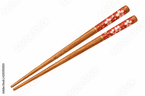 Wooden chopsticks with floral decorated handles on white