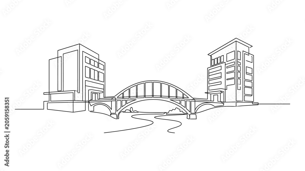 Naklejka premium Continuous single line drawing of bridge connecting two modern buildings.