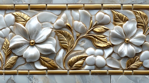 Gold and White Floral Mosaic Tile Border on Marble