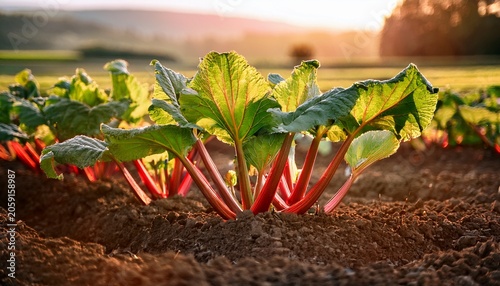 Fresh Rhubarb With Red Stalks And Lush Green Leaves Growing In The Soil Of A Sunlit Field