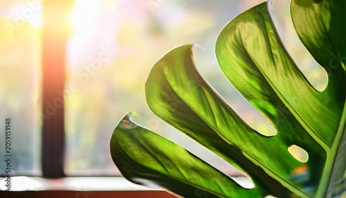 Close Up Curled Monstera Leaf By Window Soft Focus Background With Copy Space